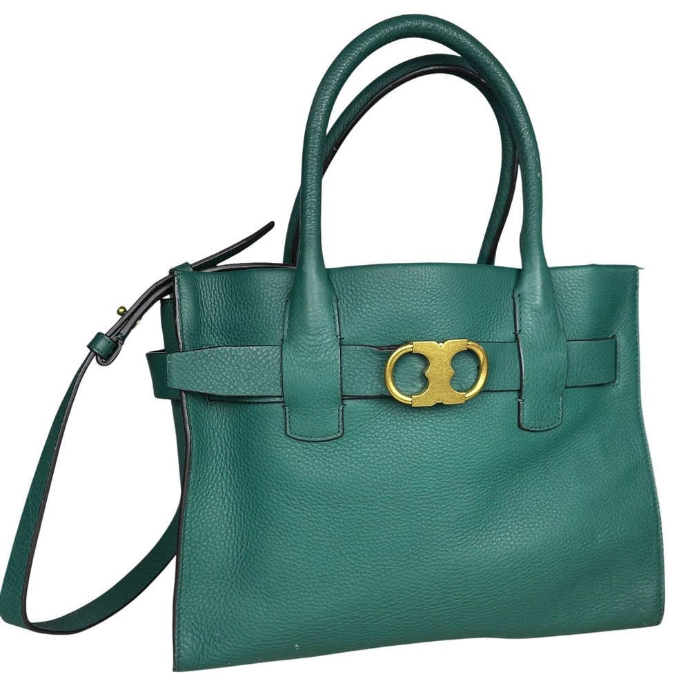 Tory Burch Women Gemini Link Leather Tote Green Large Satchel Crossbody Purse